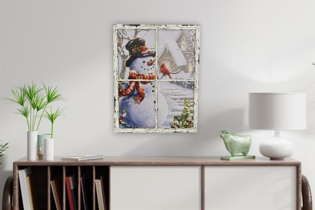 Obraz na ścianę "Bałwanek w oknie", 3 LED, 49 x 38,5 cm